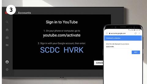 Copy the activation code and go to youtube.com/activate on a mobile or web browser and enter the code in the box that appears.