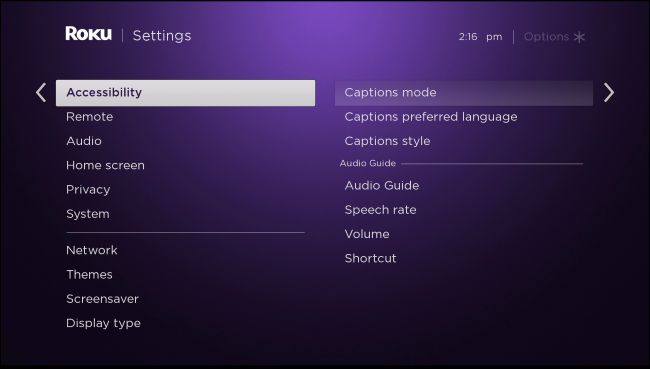 Roku accessibility settings.