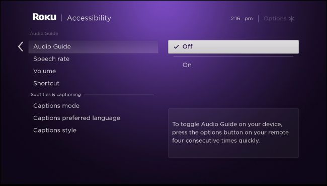 Roku Audio Guide Settings.