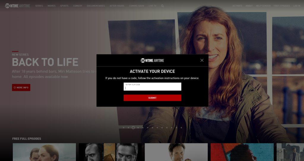 Showtime Anytime "Activate Your Device" dialogue box as seen on the showtimeanytime.com/activate page.